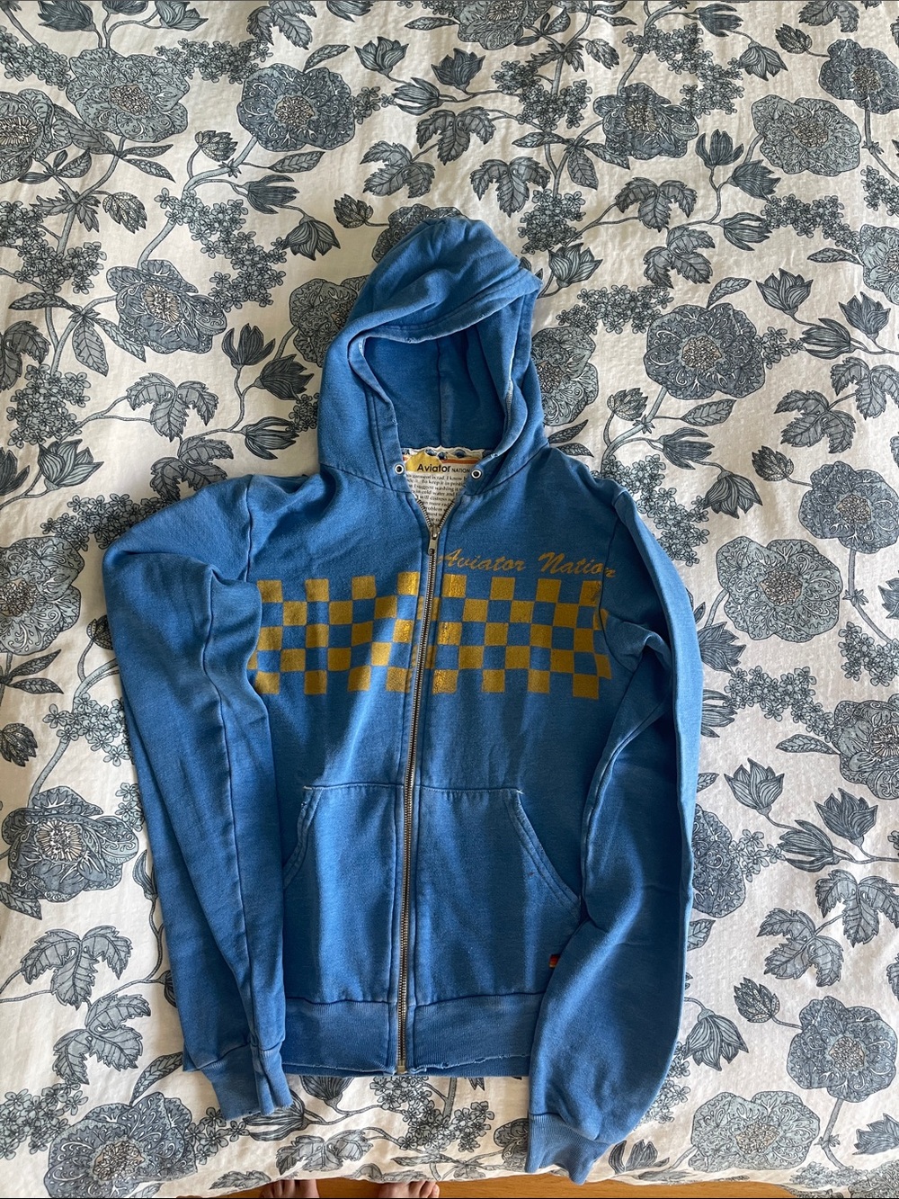 Aviator Nation Blue Zip-Up Hoodie with Gold Checkerboard